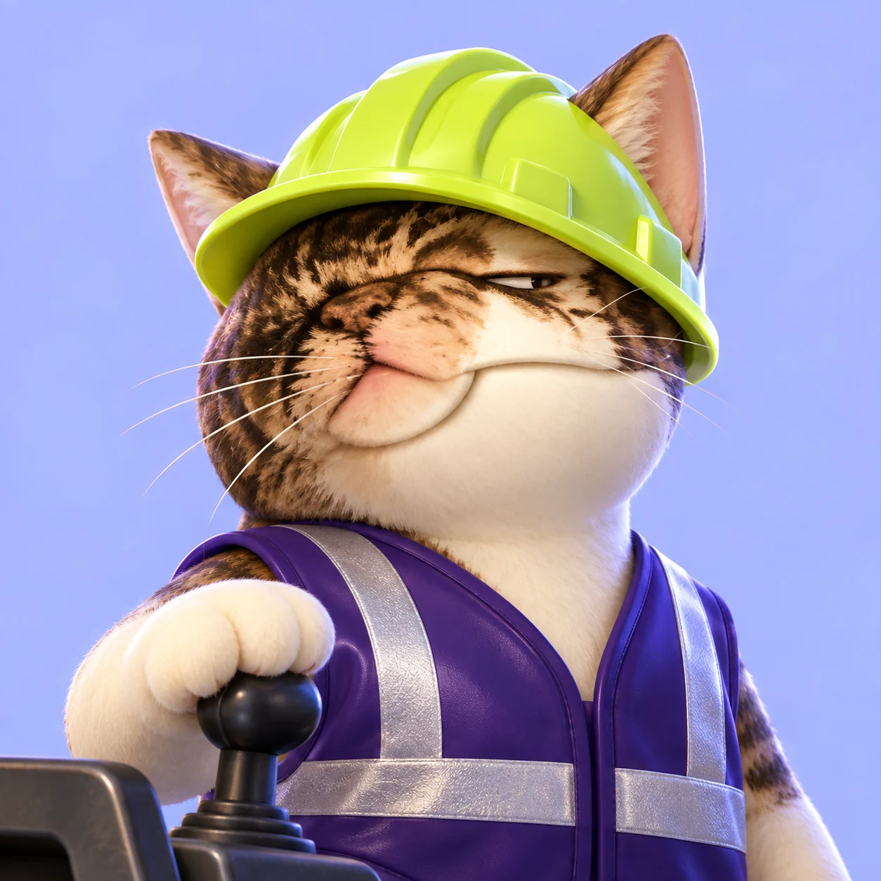 Forkcate portrait with lime hardhat and violet safety vest.