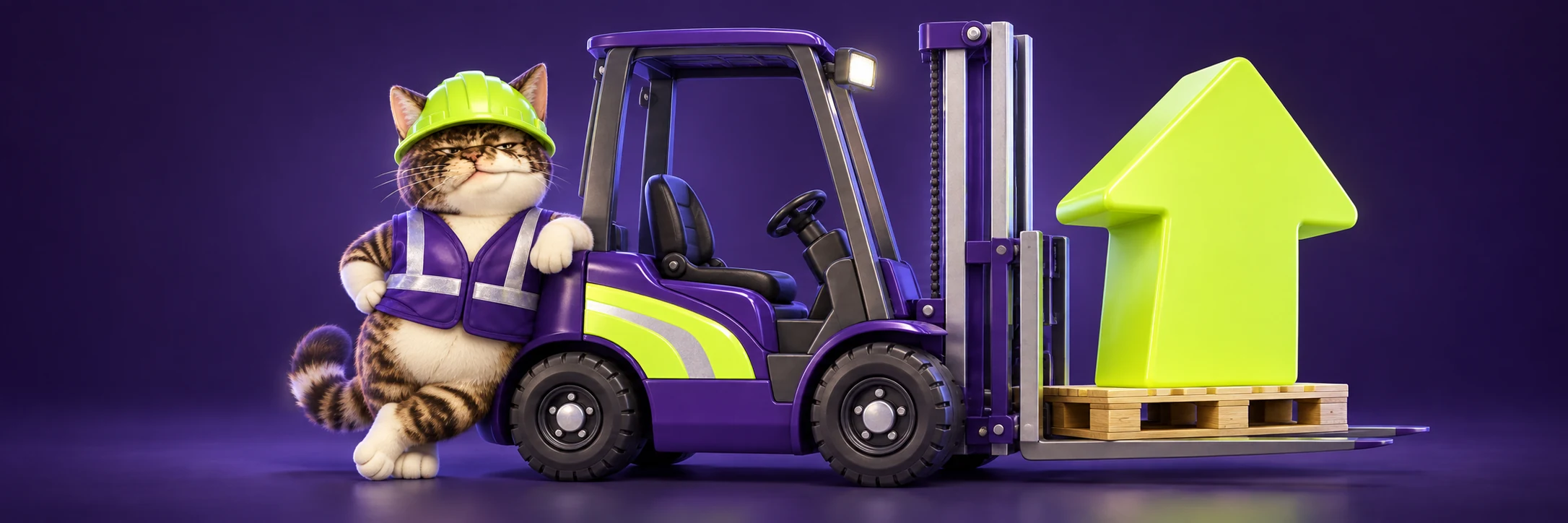 CATE in his lime hardhat proudly leaning beside a violet forklift carrying a giant green arrow.