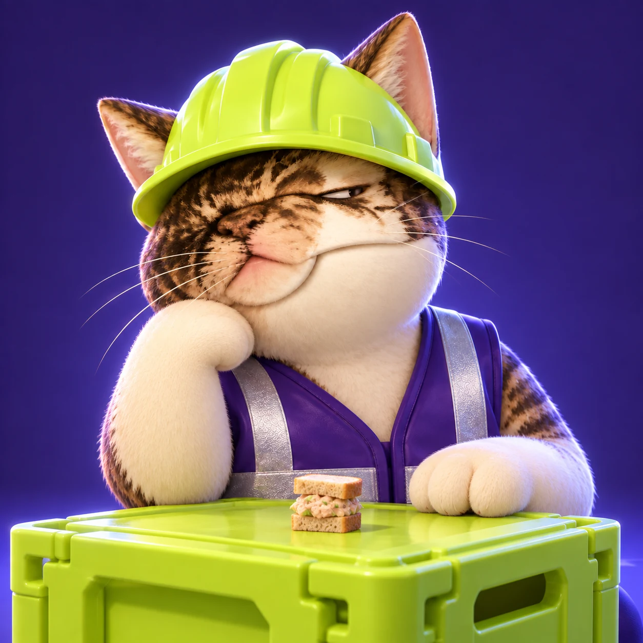 CATE in his hardhat facing a tiny tuna sandwich.