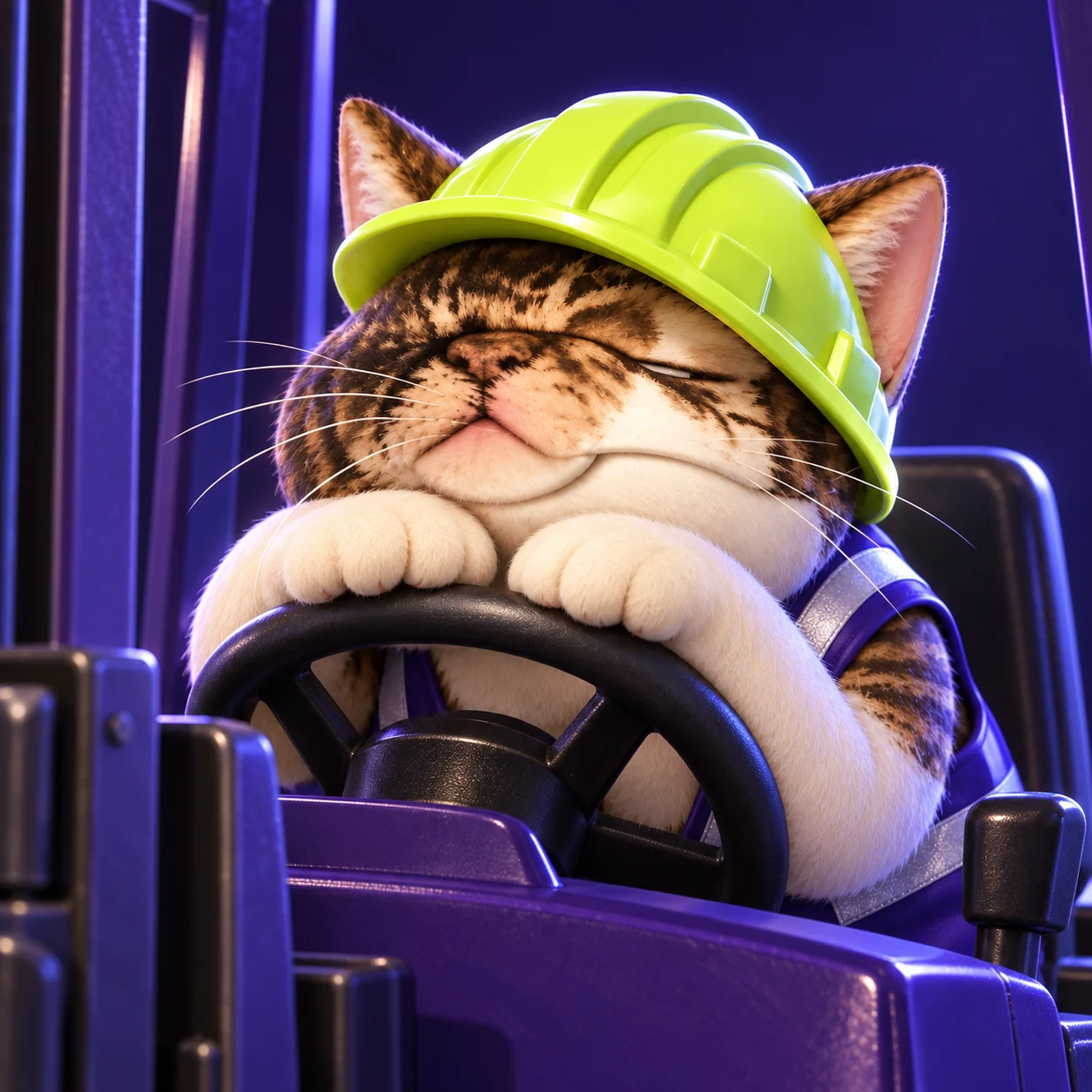 CATE asleep at the forklift wheel, still wearing his hardhat.