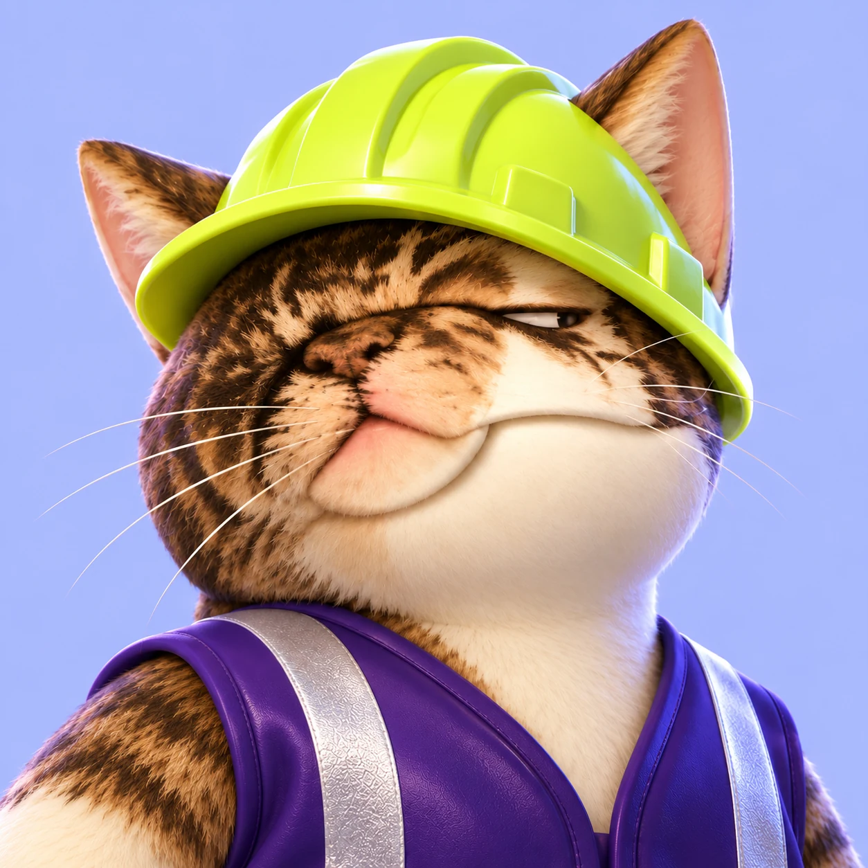 CATE giving a deadpan sideways look under his lime hardhat.